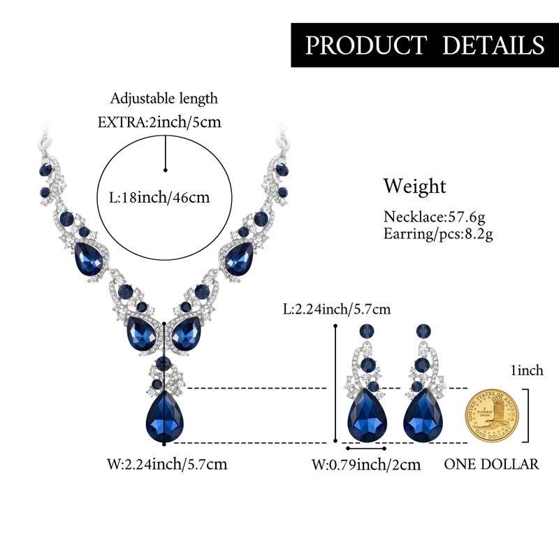 BriLove Wedding Bridal Jewelry Set for Women Multi Teardrop Cluster Crystal Statement Necklace Dangle Earrings for Party Accessories Navy Blue Sapphire Color Silver-Tone. - Image 5